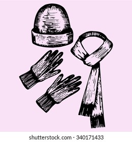 woolen scarf, gloves and hat, doodle style, sketch illustration, hand drawn, vector