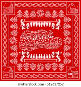 Woolen scarf with hand drawn Christmas pattern. Abstract vector composition with winter forest landscape and log cabins. Festive textile design collection. On red.