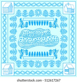 Woolen scarf with hand drawn Christmas pattern. Abstract vector composition with winter forest landscape and log cabins. Festive textile design collection. On light blue.