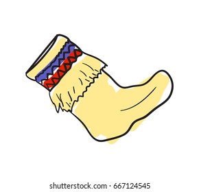 Woolen sock hand drawn icon isolated on white background vector illustration. Northern ethnic culture element vector illustration.