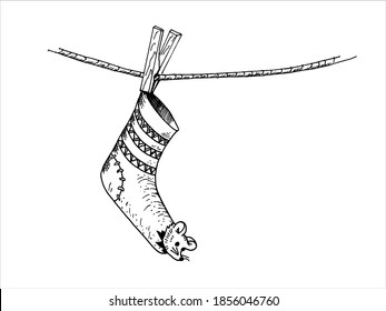 A Woolen Sock Hangs On A Clothesline, A Mouse Sits In A Sock And Gnaws A Sock. Coloring. Vector Graphics.