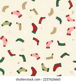 Woolen socks seamless pattern. Pair stripe children sockes, winter warm striped kid sock, wool hosiery, child cute wardrobe, holiday clothes for foot. Cotton warm wool socks. New Year's socks. Vector 