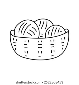 Woolen Yarn Balls in Basket Doodle Icon. Round Skeins in bowl. Handmade, needlework, handcraft symbol. Outline isolated vector illustration