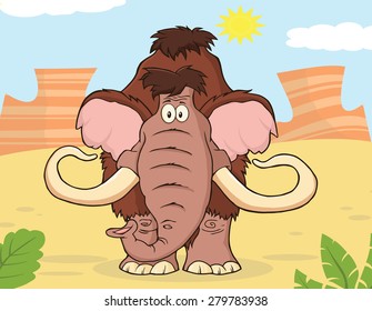 Woolly Mammoth Cartoon Character.Vector Illustration With Background