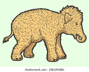Woolly mammoth child. Sketch scratch board imitation color.