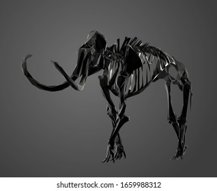 Woolly Mammoth Skeleton in Black and White. Dark Low Poly Vector Greyscale Silhouette 3D Rendering