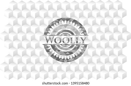 Woolly realistic grey emblem with geometric cube white background