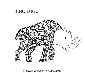 Woolly rhinoceros. Cartoon, hand drawn, vector illustration Doodle dinosaurs. The motif of the Jurassic period. Anti-stress coloring for adults