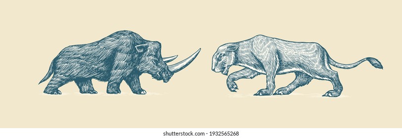 Woolly rhinoceros and European cave lion. Panthera spelaea. Extinct animal. Ice Age. Vintage retro vector illustration. Doodle style. Hand drawn engraved sketch