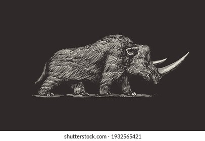 Woolly rhinoceros. Extinct animal. Ice Age. Vintage retro vector illustration. Doodle style. Hand drawn engraved sketch