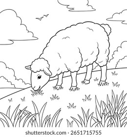Uma ovelha lã pasta pacificamente em uma encosta gramada — ótimo para ensinar às crianças sobre animais de fazenda enquanto colore.