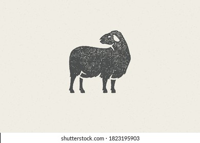 Woolly sheep silhouette for domestic farm industry hand drawn stamp effect vector illustration. Vintage grunge texture emblem for butchery packaging and menu design or label decoration.