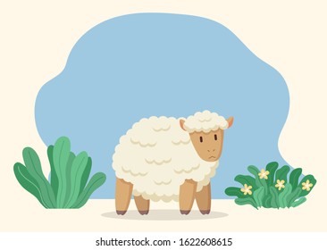 Woolly sheep stand on ground on meadow. Cartoon character with white fur coat, wool. Jumbuck on farm, rustic ewe. Village or countryside nature. Vector illustration of husbandry animal in flat style