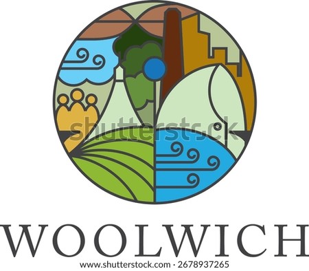Woolwich district logo combining heritage, docks, river, and community symbols.