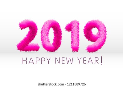 wooly pink hairy shaggy wool 2019 Happy New Year. white background. Vector illustration