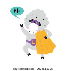 Wooly Sheep Animal Superhero Dressed in Mask and Cape Saying Hi Vector Illustration