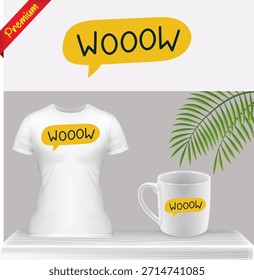 "Wooow" Impressão gráfica de tipografia de texto em camiseta, caneca de café e bolha de fala. Slogan expressivo, engraçado e emocionante Design de mercadorias. Vetor De Reação De Estilo Pop Art.