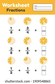 Woorsheet fractions for kids. Addition. Math for prechool and school children. Orange. Vector illustration.