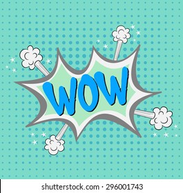 Woow! Comic book explosion balloon. Speech bubble, burst cartoon text chat cloud, blast design with fume effect. vector art image illustration, isolated on yellow halftone background red word woow