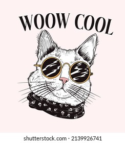 woow cool cat Cat illustration in sunglasses   scarf  vector illustration  