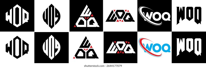 WOQ letter logo design in six style. WOQ polygon, circle, triangle, hexagon, flat and simple style with black and white color variation letter logo set in one artboard. WOQ minimalist and classic logo