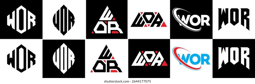 WOR letter logo design in six style. WOR polygon, circle, triangle, hexagon, flat and simple style with black and white color variation letter logo set in one artboard. WOR minimalist and classic logo