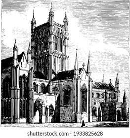 Worcester Cathedral vintage engraved illustration. 