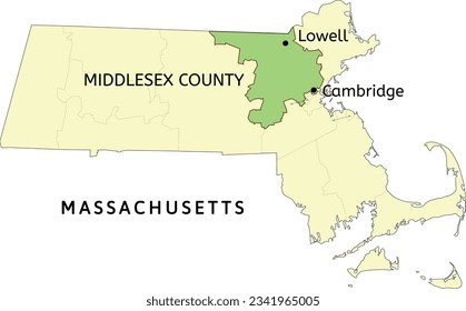 Worcester County and cities of Lowell and Cambridge location on Massachusetts state map