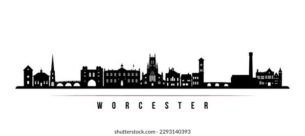 Banner horizontal de la línea horizontal del perfil de Worcester. Silueta blanca y negra de la ciudad de Worcester, Reino Unido. Plantilla de vectores para su diseño. 