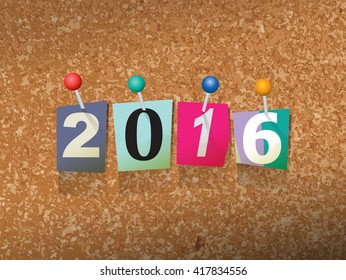 The word "2016" written in cut ransom note style paper letters and pinned to a cork bulletin board. Vector EPS 10 illustration available.