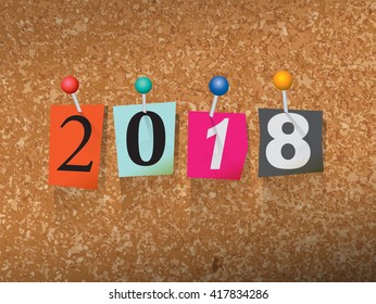 The word "2018" written in cut ransom note style paper letters and pinned to a cork bulletin board. Vector EPS 10 illustration available.