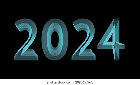 The word 2024 written  blue gradient neon light glowing in the dark. Concept for new year 2024.