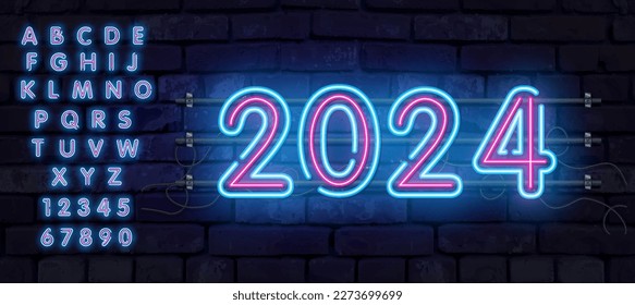 The word 2024 written blue gradient neon light glowing in the dark. Concept for new year 2024.