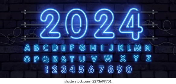 The word 2024 written blue gradient neon light glowing in the dark. Concept for new year 2024.