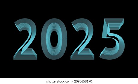 The word 2025 written  blue gradient neon light glowing in the dark. Concept for new year 2025.