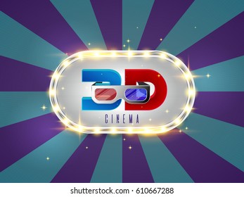 The word 3D cinema, surrounded by a luminous frame a on a retro background. The new, design of the movie banner, for your business.
