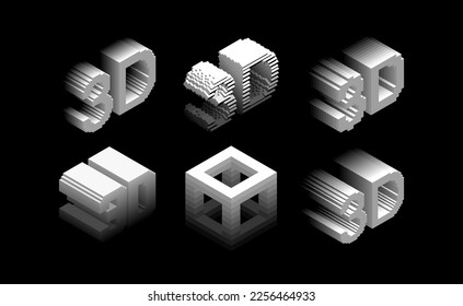 Word 3D. Three-dimensional letters concept. Wireframe cube. Collection in voxel art style. Vector illustration for brochure, poster, presentation, flyer or banner.