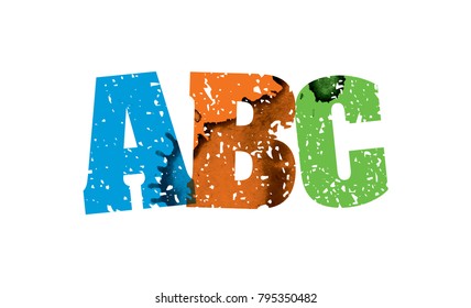 The word ABC concept printed in letterpress hand stamped colorful grunge paint and ink. Vector EPS 10 available.