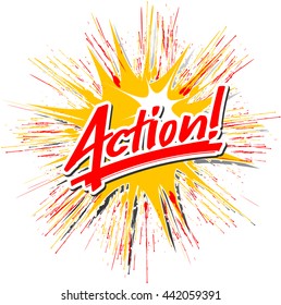 The word "action" handwritten on an exploding star
