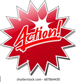 The word "Action" handwritten on a star with a shiny flash