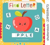 Word activities for Letter Tracing Book. Kids game Find letter – Write missing letter for A – Apple. Flash card for toddler and teacher. Vector printable page for Activity book