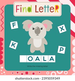 Word activities for Letter Tracing Book. Kids game Find letter – Write missing letter for K – Koala. Flash card for toddler and teacher. Vector printable page for Activity book