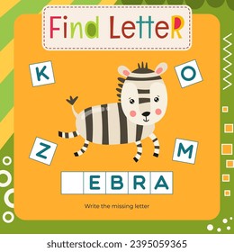 Word activities for Letter Tracing Book. Kids game Find letter – Write missing letter for Z - Zebra. Flash card for toddler and teacher. Vector printable page for Activity book