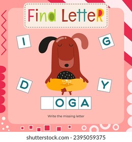 Word activities for Letter Tracing Book. Kids game Find letter – Write missing letter for Y - Yoga. Flash card for toddler and teacher. Vector printable page for Activity book