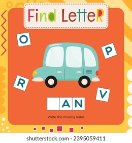 Word activities for Letter Tracing Book. Kids game Find letter – Write missing letter for V – Van. Flash card for toddler and teacher. Vector printable page for Activity book