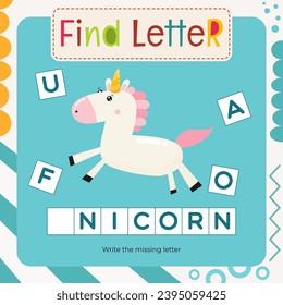 Word activities for Letter Tracing Book. Kids game Find letter – Write missing letter for U – Unicorn. Flash card for toddler and teacher. Vector printable page for Activity book