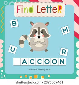 Word activities for Letter Tracing Book. Kids game Find letter – Write missing letter for R – Raccoon. Flash card for toddler and teacher. Vector printable page for Activity book