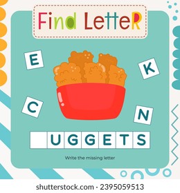 Word activities for Letter Tracing Book. Kids game Find letter – Write missing letter for N – Nuggets. Flash card for toddler and teacher. Vector printable page for Activity book