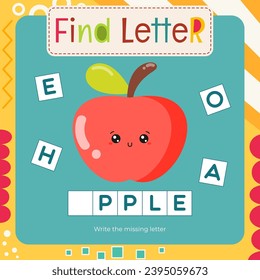 Actividades de Word para el Libro de seguimiento de letras. Juego para niños Buscar carta - Escribir letra perdida para A - Apple. Tarjeta flash para niños y profesores. Página de vectores imprimible para el libro de actividades