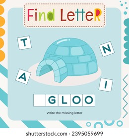 Word-Aktivitäten für Letter Tracing Book. Kinderspiel Finde Brief - Schreiben Sie fehlenden Brief für I - Iglu. Flash-Karte für Kleinkind und Lehrer. Vektorgrafik-Seite für Aktivitätsbuch